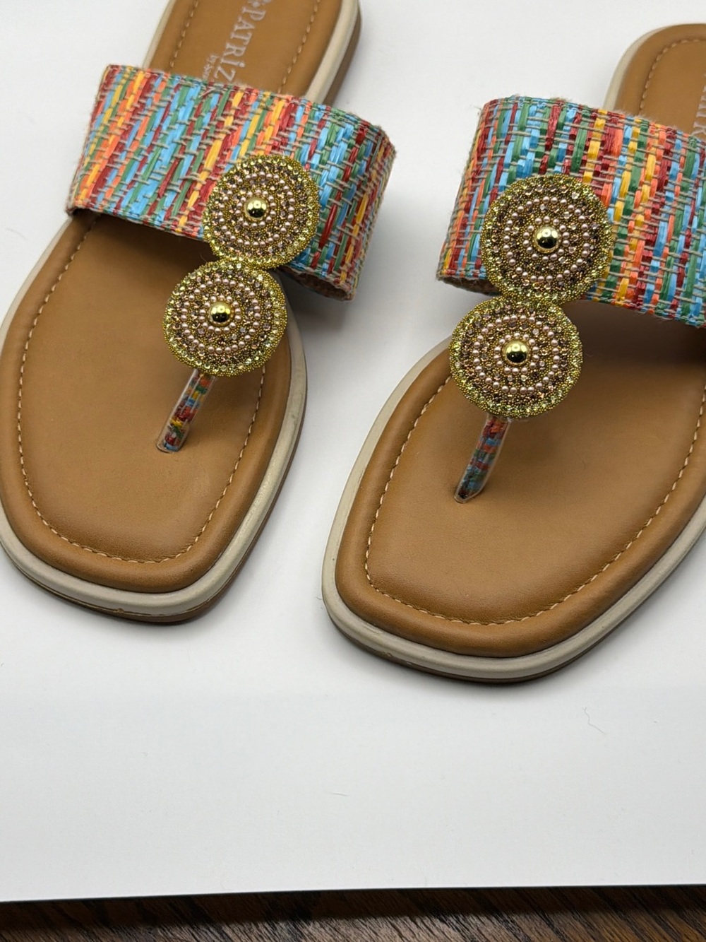 New Patrizia Women's 8 Multicolor Beaded Toe-Post Sandal - Tan Footbed